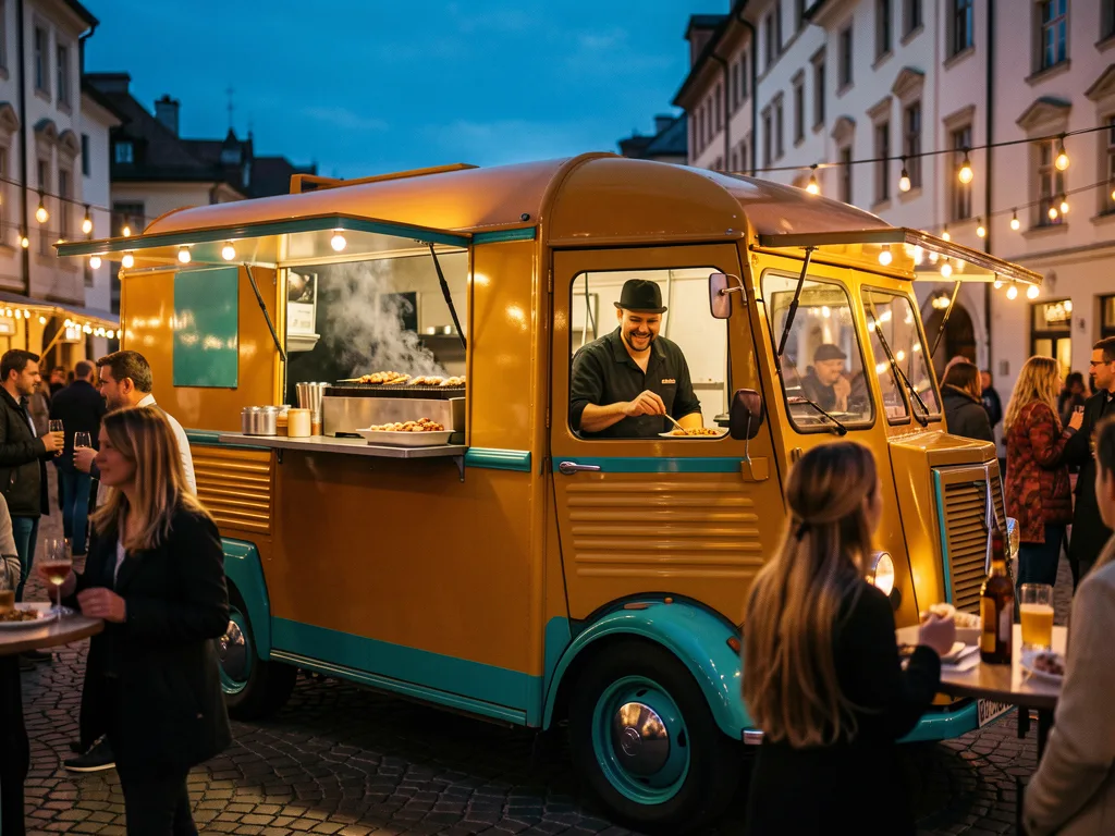 Der Spiesser-Foodtruck am Abend mit Lichterketten