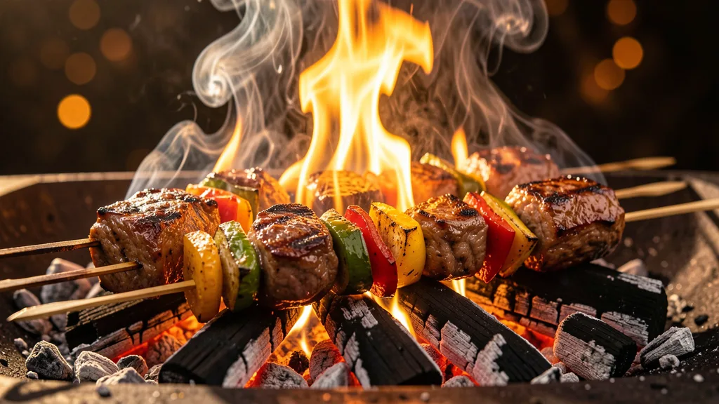 Gegrillte Spiesse über glühender Holzkohle