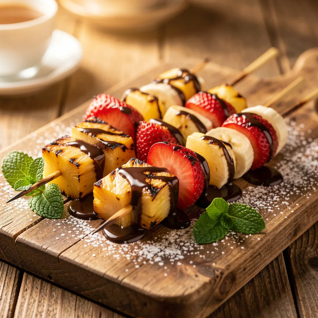 Gegrillte Fruchtspiesse mit Schokolade